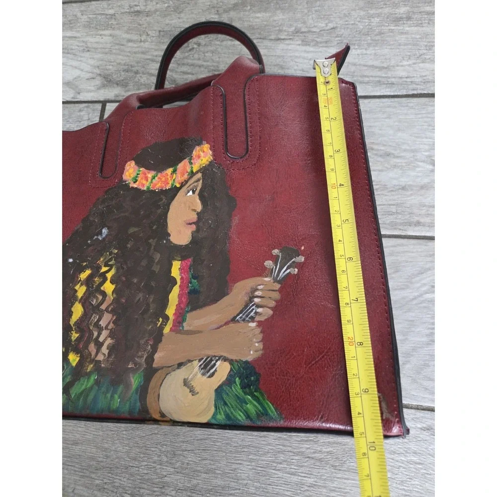 Handmade Leather Handbag Hand-Painted Hawaiian Purse 12×10×5 Red‎ Artsy Boho NEW